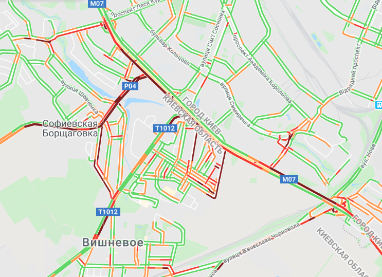 Пробки в Киеве. Карта: Google Maps