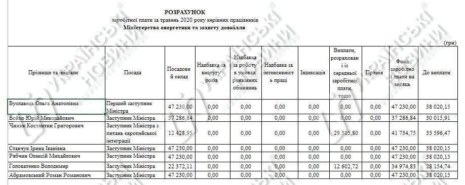 Ольга Буславец в мае получила 38 020 гривен зарплаты. Скриншот Министерство энергетики и защиты окружающей среды