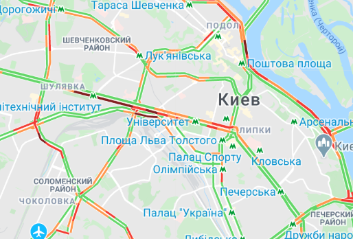 Пробки на проспекте Победы. Карта: Google Maps