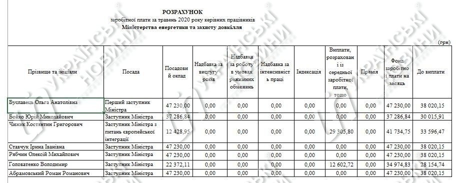 Ольга Буславец в мае получила 38 020 гривен зарплаты. Скриншот Министерство энергетики и защиты окружающей среды