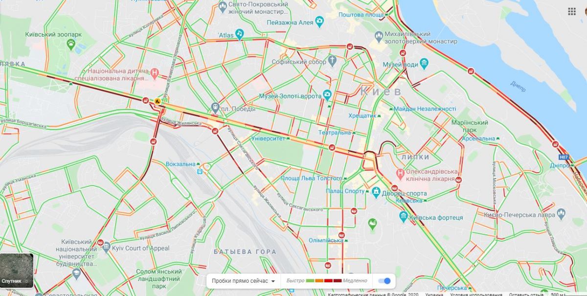 Пробки в центре Киева. Карта: Google Maps