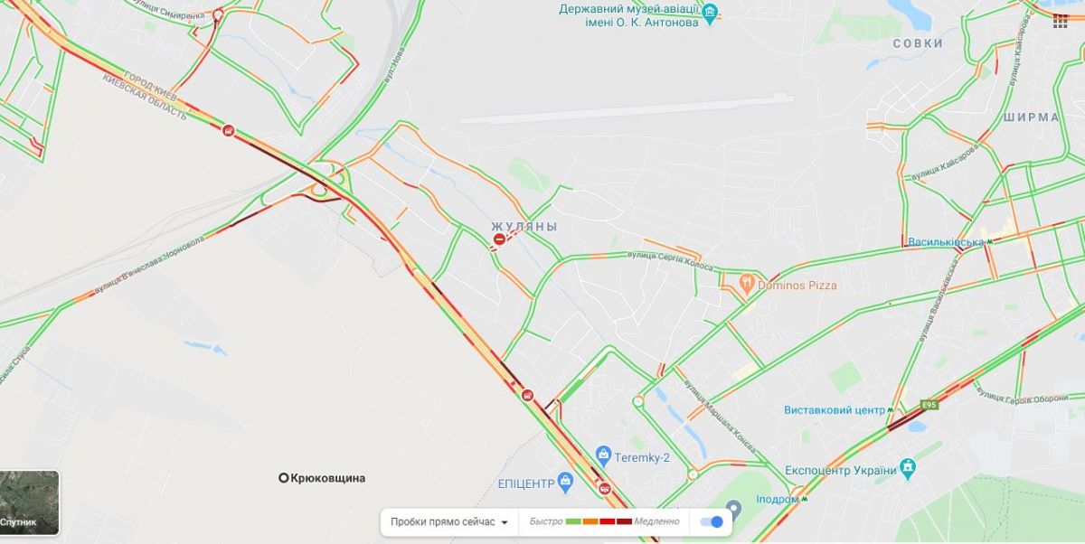 Тянучки на выезде из Киева. Карта: Google Maps