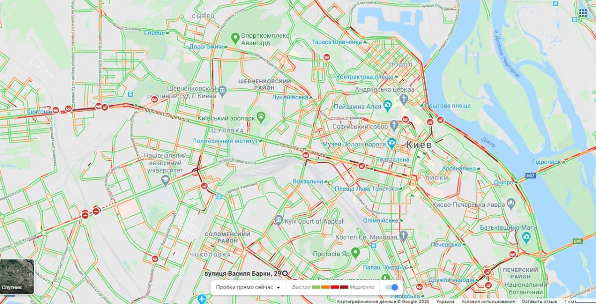 Пробки в Киеве 26 июня. Карта: Google Map