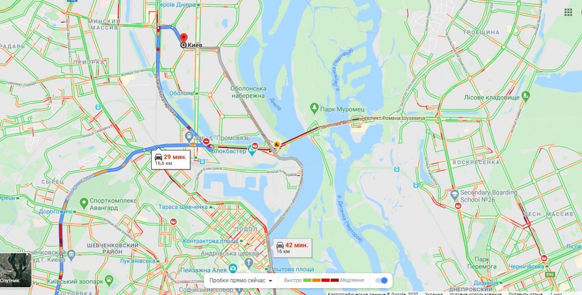 Пробки в центре Киева. Карта: Google Map