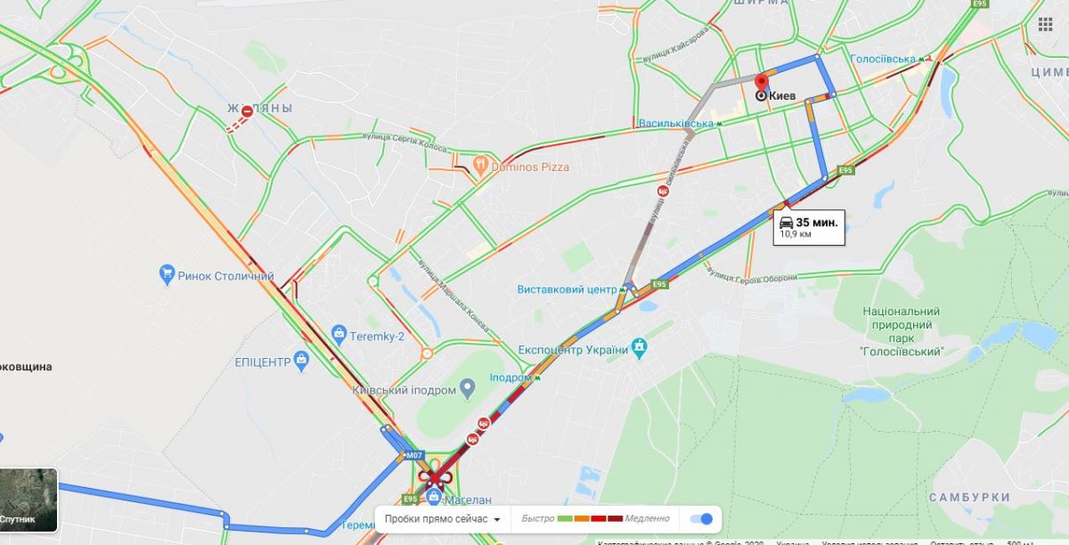 Тягучки на Великій окружній дорозі. Карта: Google Maps