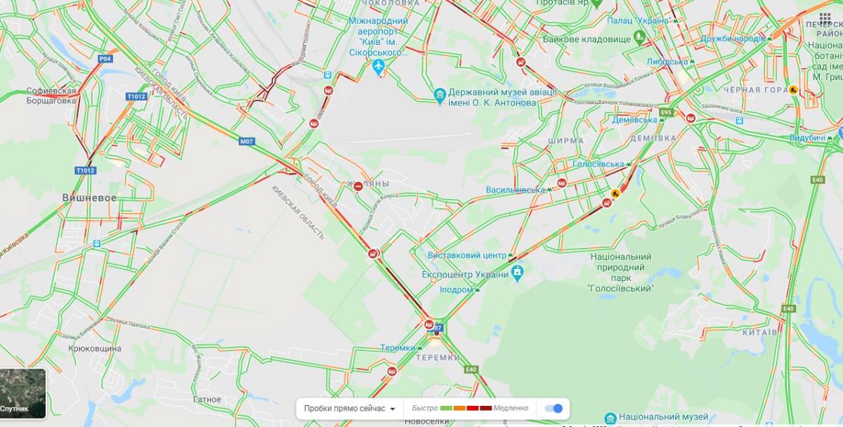 Тягучки на виїзді з Києва. Карта: Google Maps