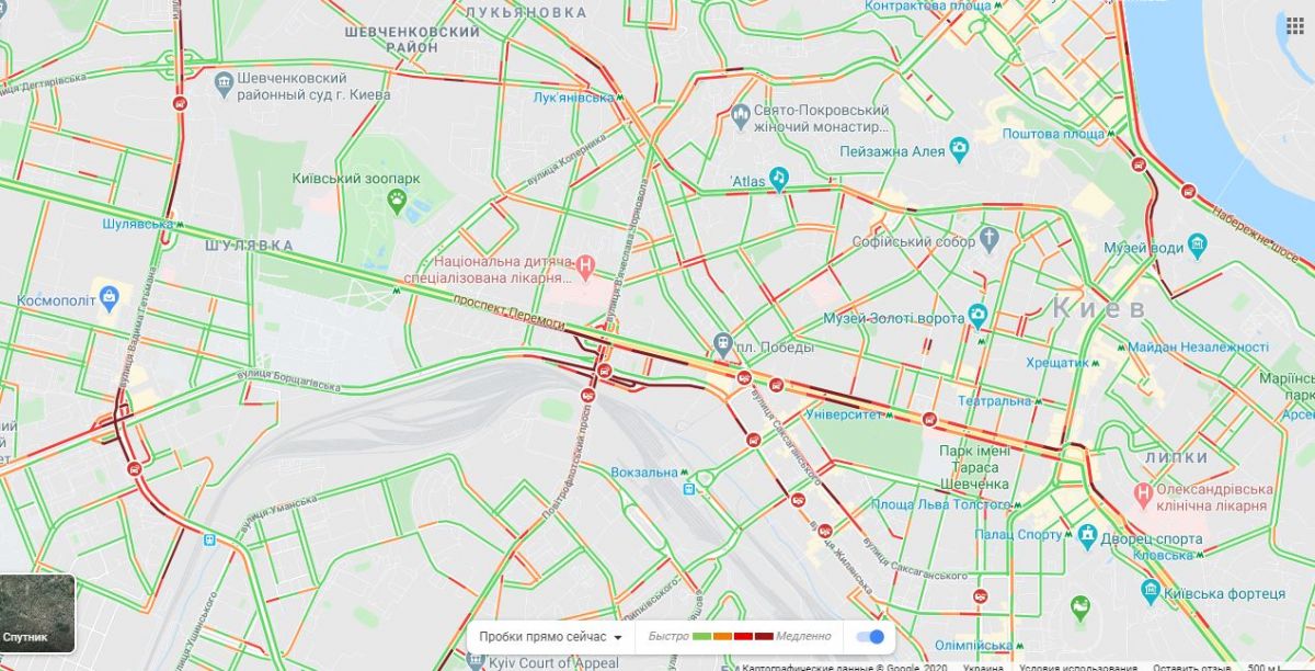 Пробки в центре Киева. Карта: Google Maps