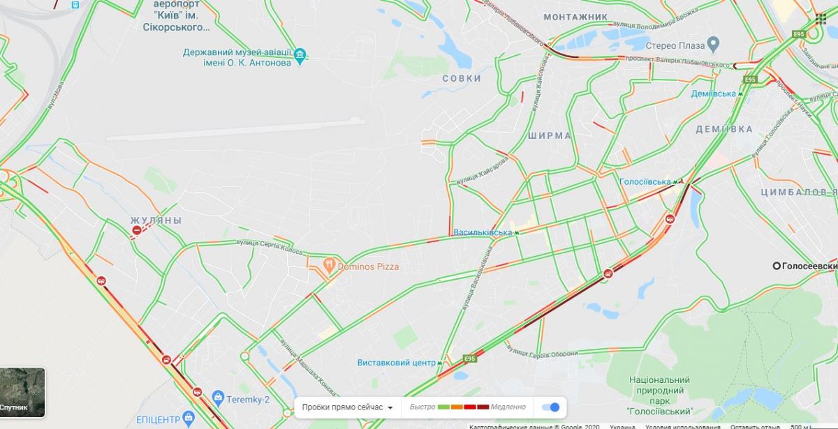 Пробка на Голосеевском проспекте. Карта: Google Maps