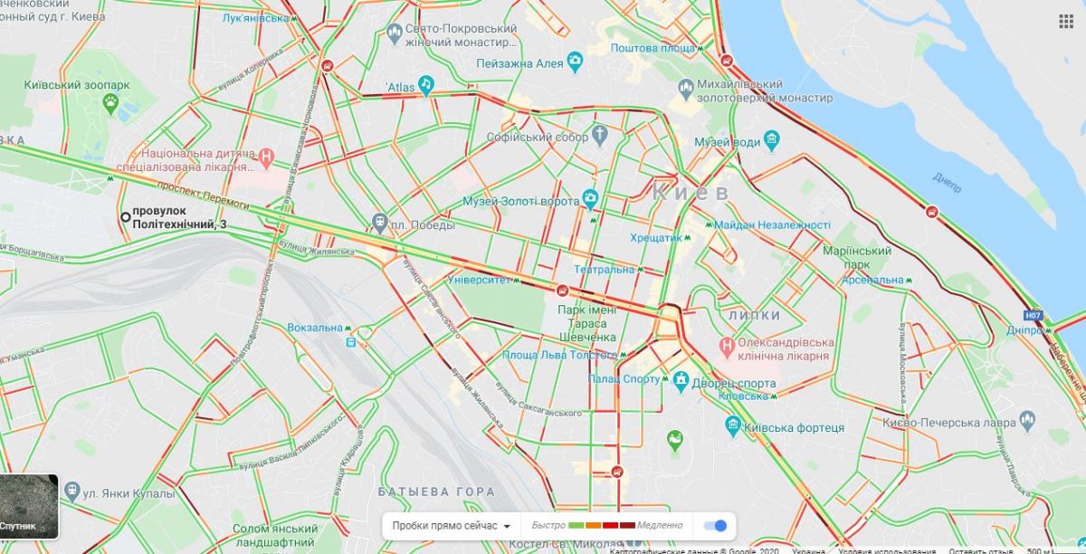 Пробки в  центре Киева. Карта: Google Maps