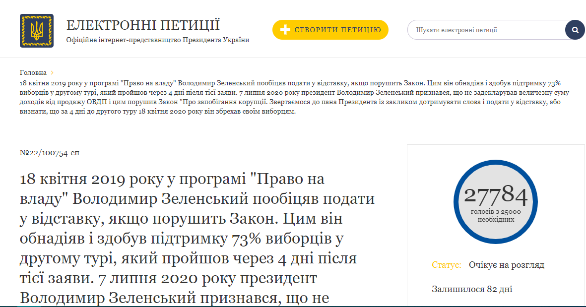 Петиция об отставке Зеленского. Скриншот сайта Президента