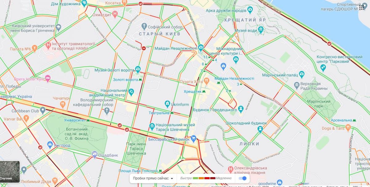 Затори в центрі Києва. Карта: Google Maps