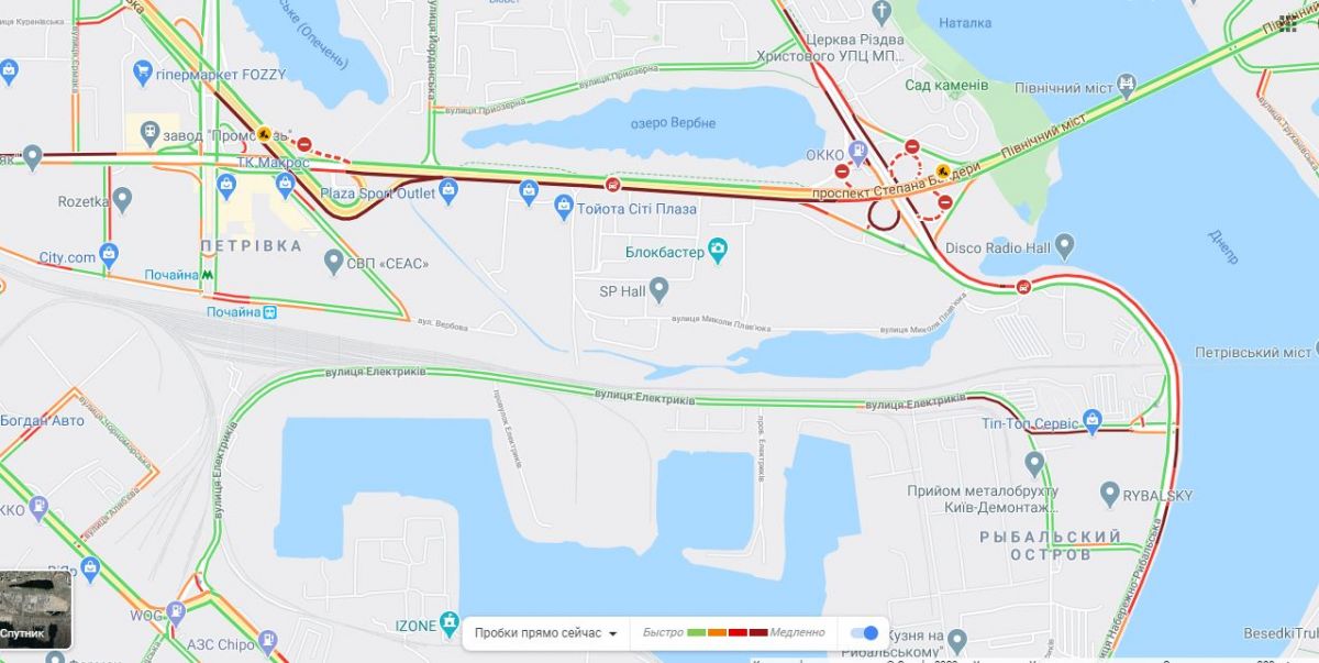 Затори на проспекті Степана Бандери. Карта: Google Maps