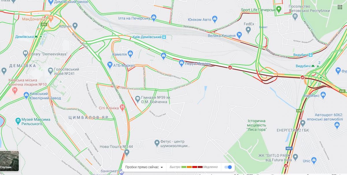 Затори в центрі Києва. Карта: Google Maps