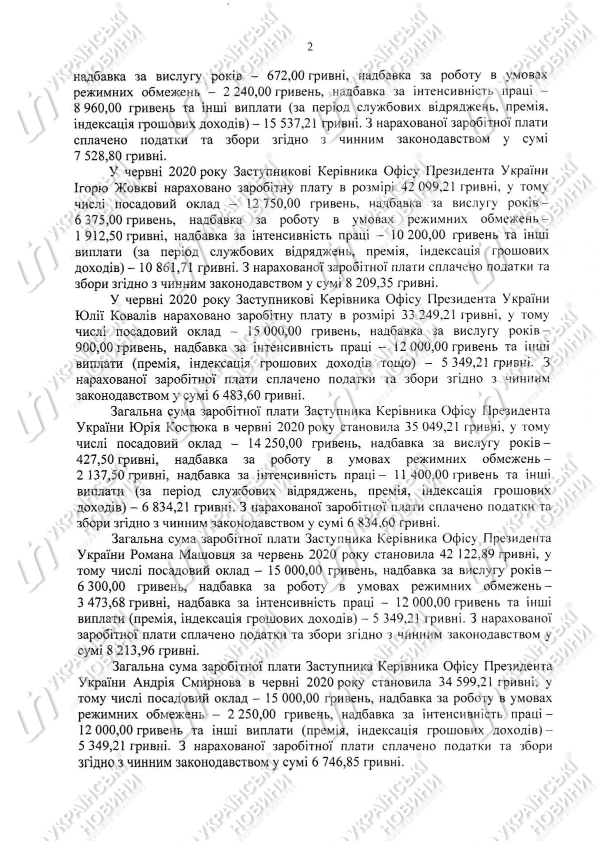 Зарплата за июнь в Офисе президента .Скриншот ответа на запрос Українських Новин