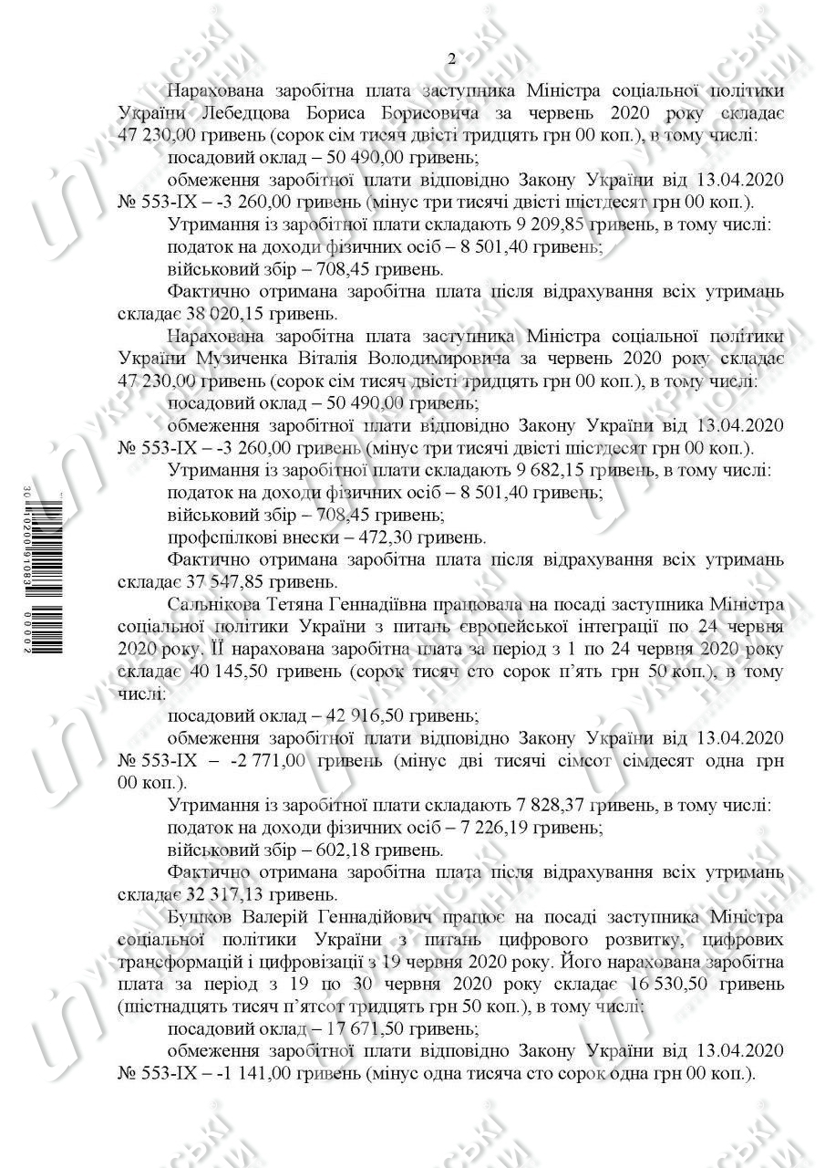 Зарплати заступників міністра соцполітики Марини Лазебної в червні