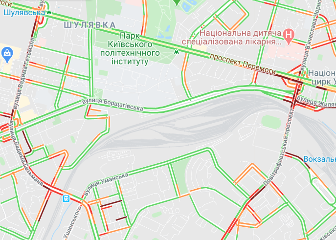 Пробки в Киеве. Карта: Google Maps