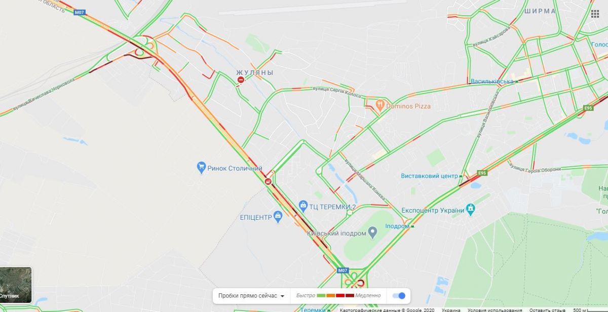 Пробки в Києві опівдні. Карта: Google Maps