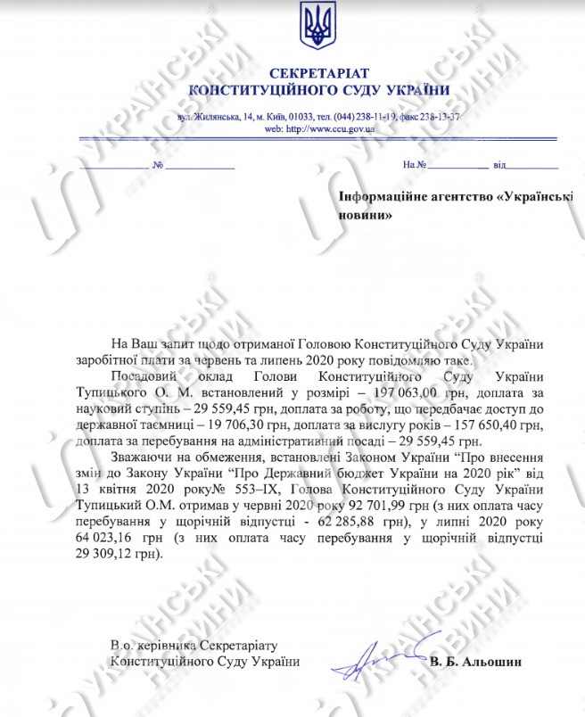 Зарплата главы КС Тупицкого за июнь