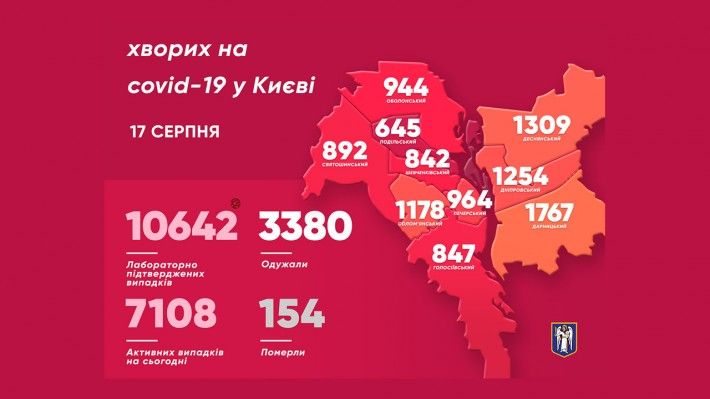 Карта распространения коронавируса в Киеве. Инфографика: КГГА