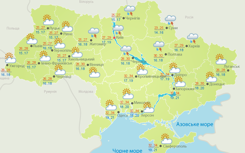 У деяких областях України погіршиться погода.  Карта: Укргідрометцентр