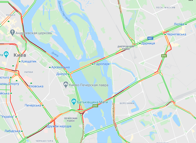 Пробки на мостах. Карта: Google Maps

