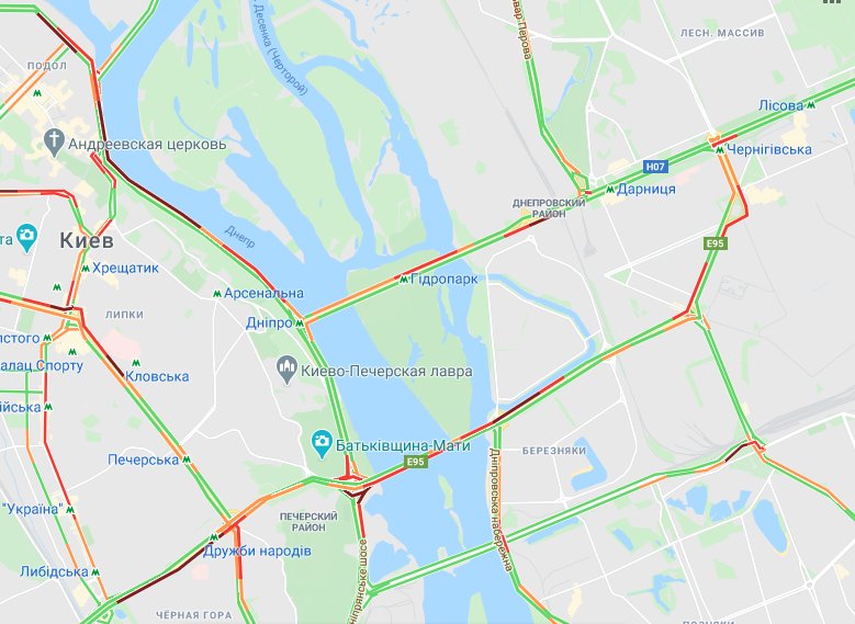 Пробки на мостах. Карта: Google Maps

