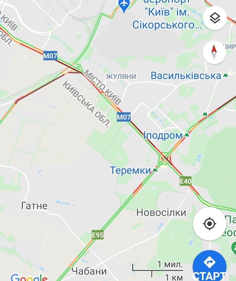 Пробки в столице. Карта: Google Maps