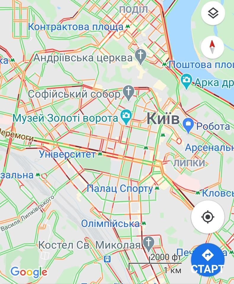 Пробки в центре Киева. Карта: Google Maps
