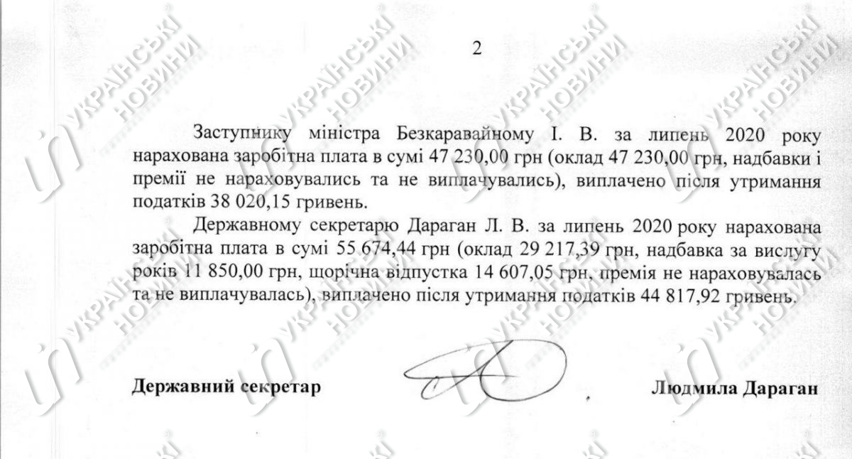 Зарплата заместителя и госсекретаря министра по делам ветеранов. Ответ на запрос Українських Новин