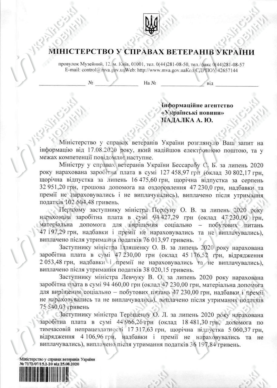 Июльская зарплата министра по делам ветеранов Сергея Бессараба и его заместителей. Ответ на запрос Українських Новин