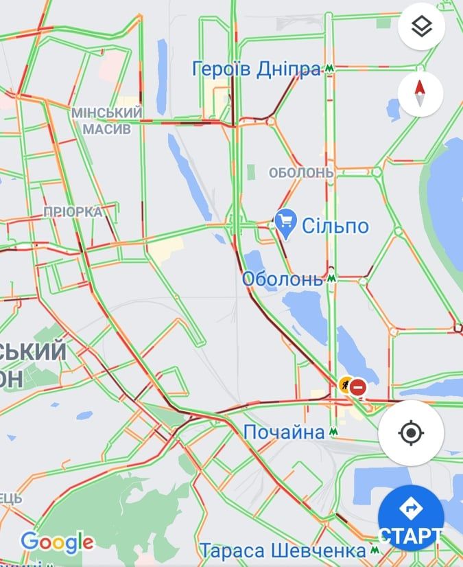 Пробки на Оболоні.  Карта: Google Maps