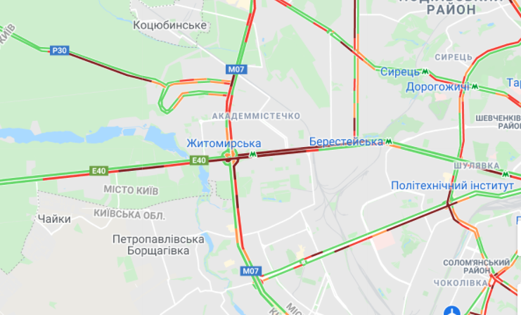 Пробки в Києві.  Карта: Google Maps
