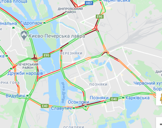 Пробки на Левом берегу. Карта: Google Maps