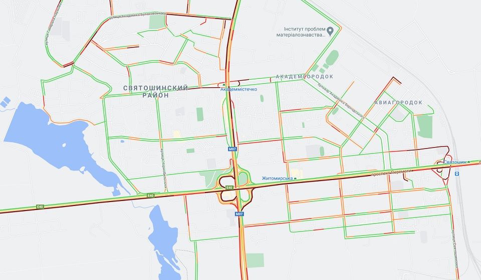 Пробки в Святошинському районі Києва.  Фото: Google Maps