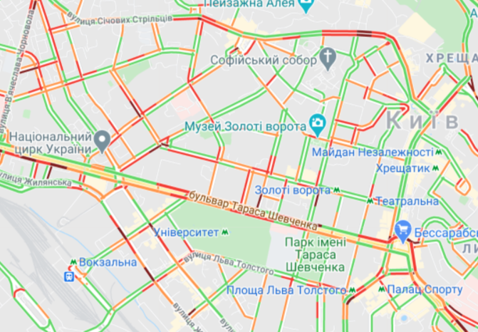 Пробки в Киеве. Карта: Google Maps