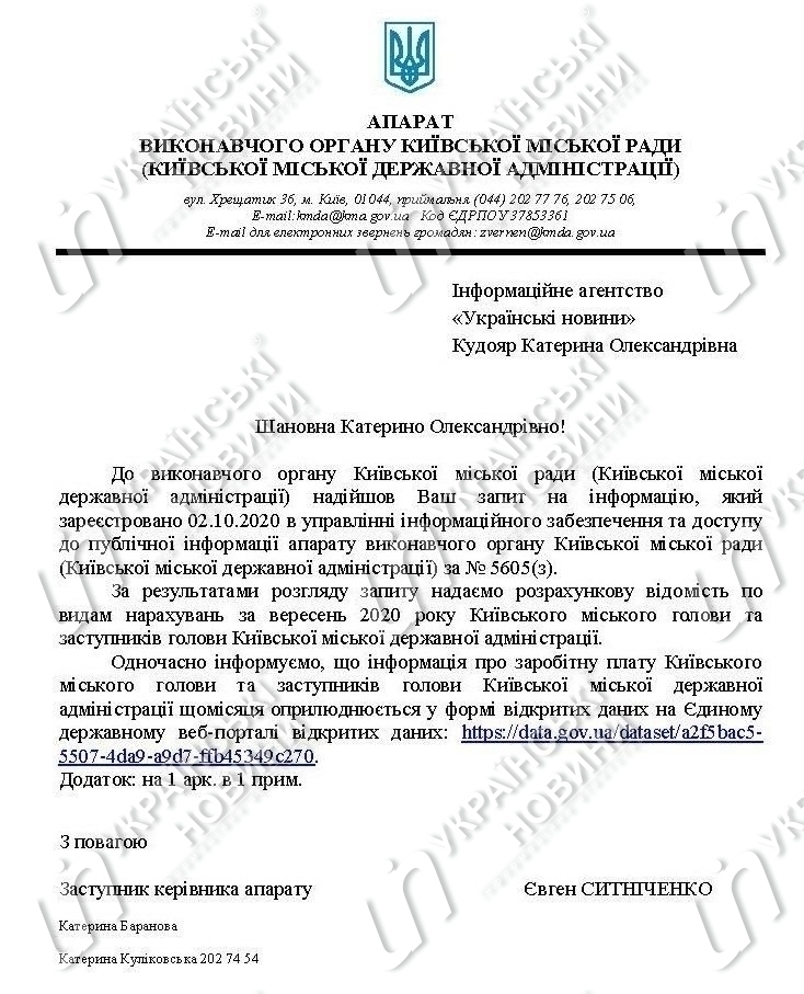 Відповідь на запит Українських Новин про зарплату мера Києва Віталія Кличка і його заступників