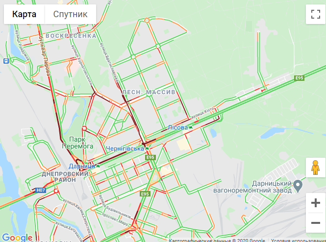 Пробки на левом берегу Киева. Фото: Google maps