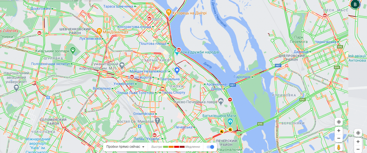 Пробки в центре Киева. Карта: Google Maps