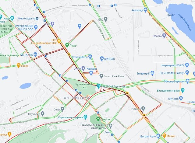 Карта автомобільних пробок в Подільському районі Києва.  Фото: Google Maps