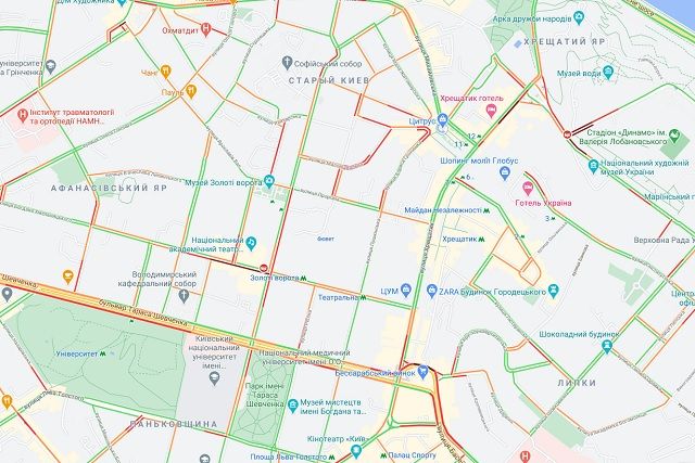 Множинні пробки в Шевченківському районі столиці.  Фото: Google Maps