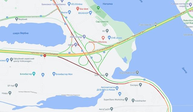 Автомобільний пробки в районі Північного моста в Києві.  Фото: Google Maps