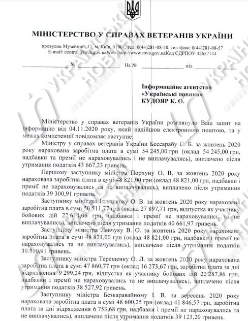 Зарплата Сергій Бесараба і його заступників за жовтень.  Відповідь на запит Українських Новин