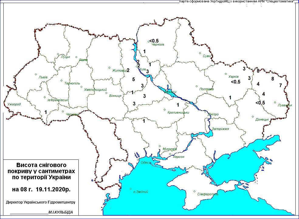 Скільки намело снігу в Україні.  Карта: Укргідрометцентр