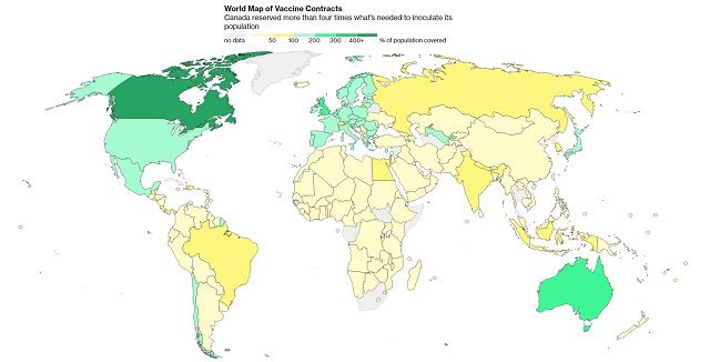 Карта резервування країнами вакцин від коронавируса.  Фото: bloomberg.com