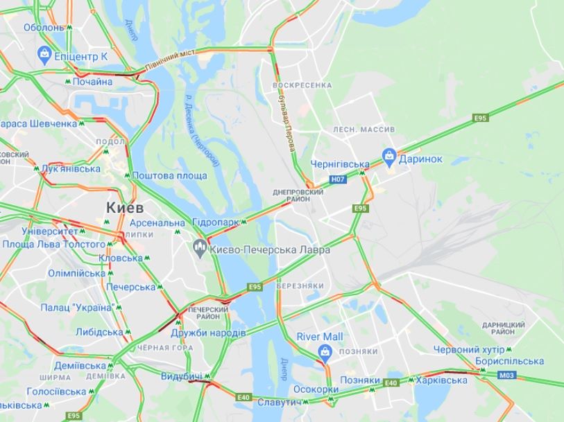 Пробки на левом берегу Киева. Скриншот: Google Maps