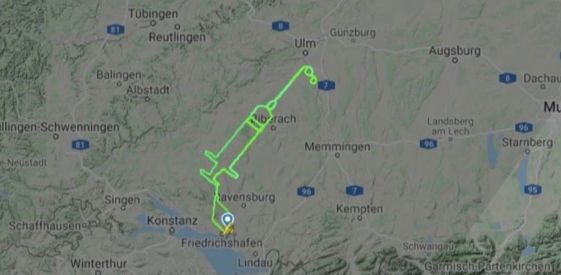 Немецкий пилот пролетел маршрут в форме шприца. Фото: flightradar24