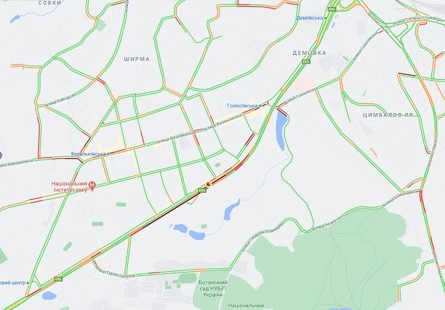 Загруженность дорог в Голосеевском районе. Фото: Google Maps
