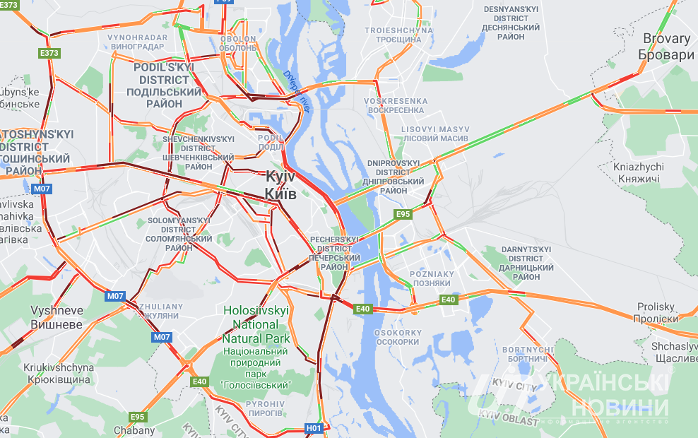 Пробки в Києві 10 грудня.  Карта: Google Maps