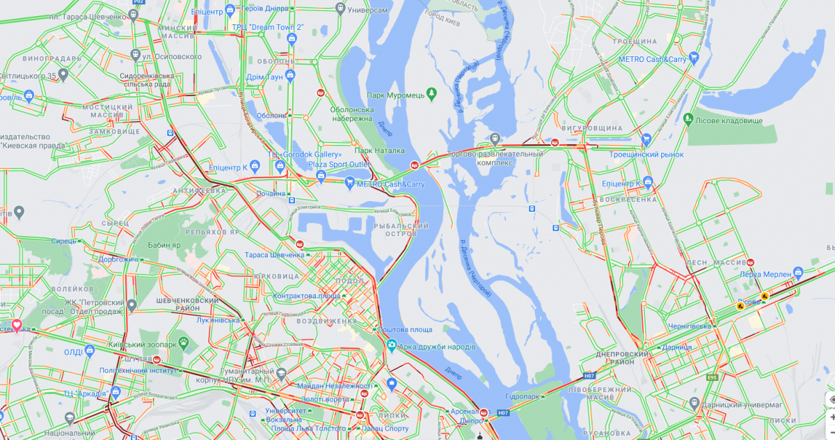 Пробки в столице. Карта: Google Maps