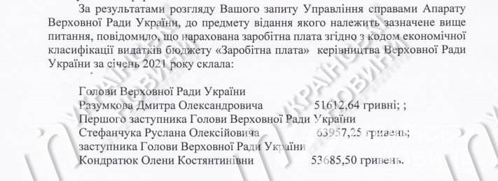 Заработная плата Дмитрия Разумкова и его заместителей в январь. Ответ на запрос Українських Новин